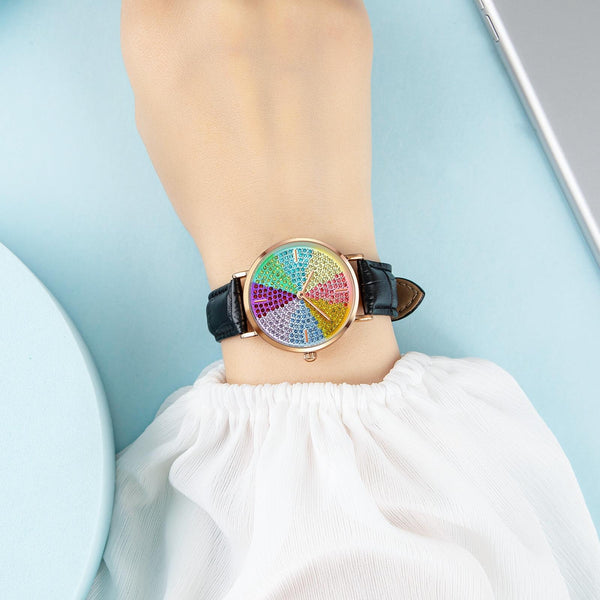 Women Rose Gold Steel Watch With Eight Colour Diamond Dial Watches