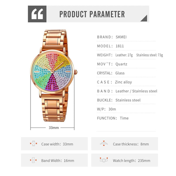 Women Rose Gold Steel Watch With Eight Colour Diamond Dial Watches