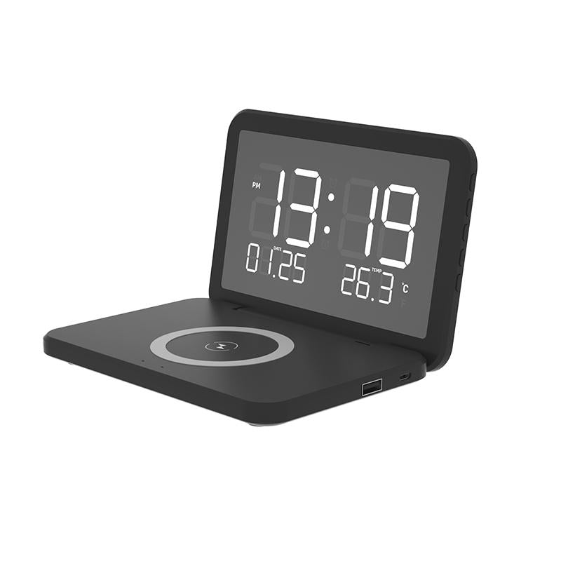 Foldable Desk Calendar Clock With Wireless Charger & Alarm Black Chargers & Cradles