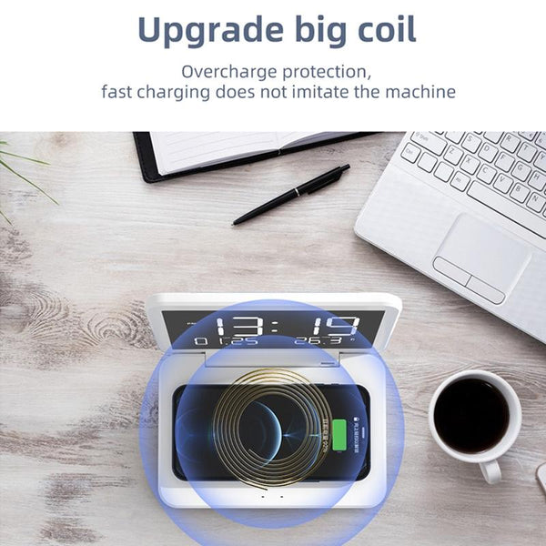 Foldable Desk Calendar Clock With Wireless Charger & Alarm Black Chargers & Cradles