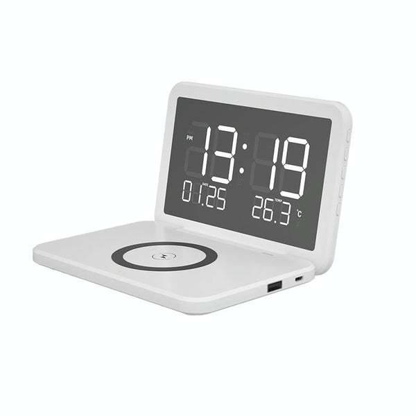Foldable Desk Calendar Clock With Wireless Charger & Alarm Black Chargers & Cradles