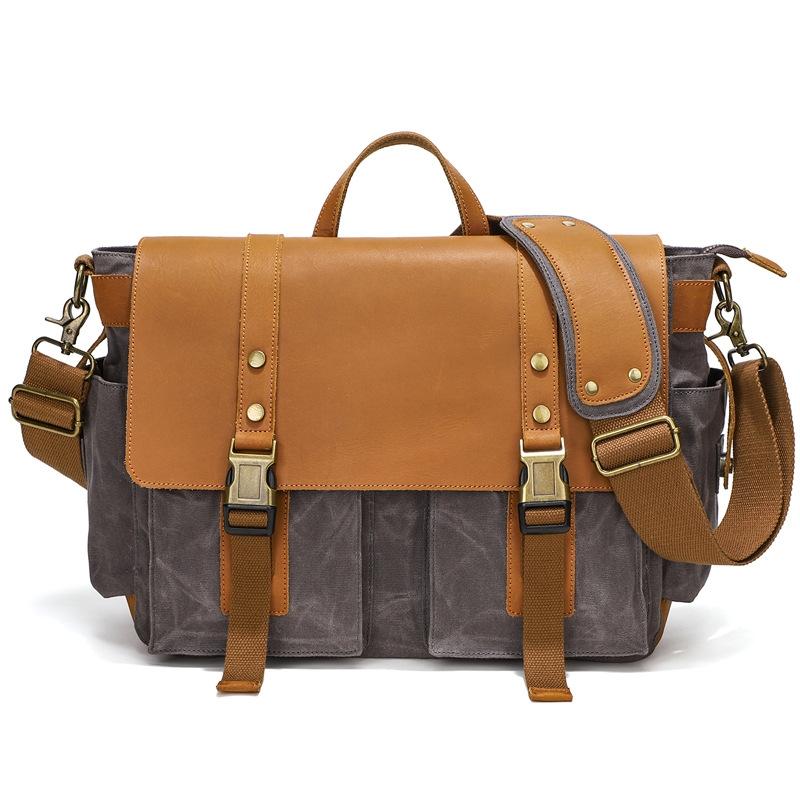 Leather Waxed Canvas Crossbody Bag For Outdoors Gray Bags