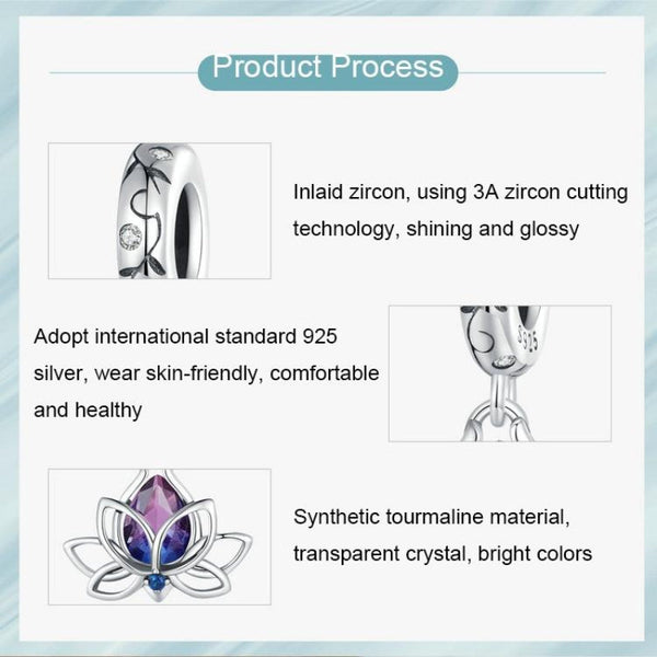 925 Sterling Silver Lotus Pendant Tourmaline Bracelet Beads Charms & Pendants