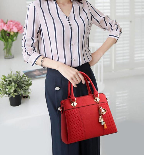 Simple Style Women Leather Crossbody Bag With Tassel Embroidery Black Women's Bags & Handbags