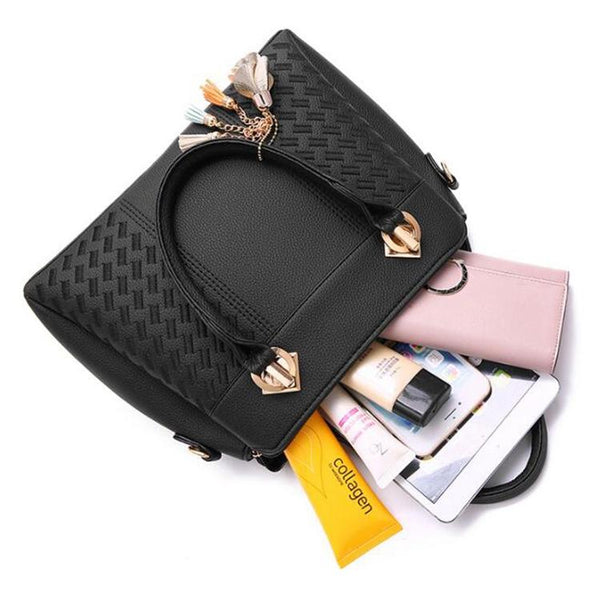 Simple Style Women Leather Crossbody Bag With Tassel Embroidery Black Women's Bags & Handbags