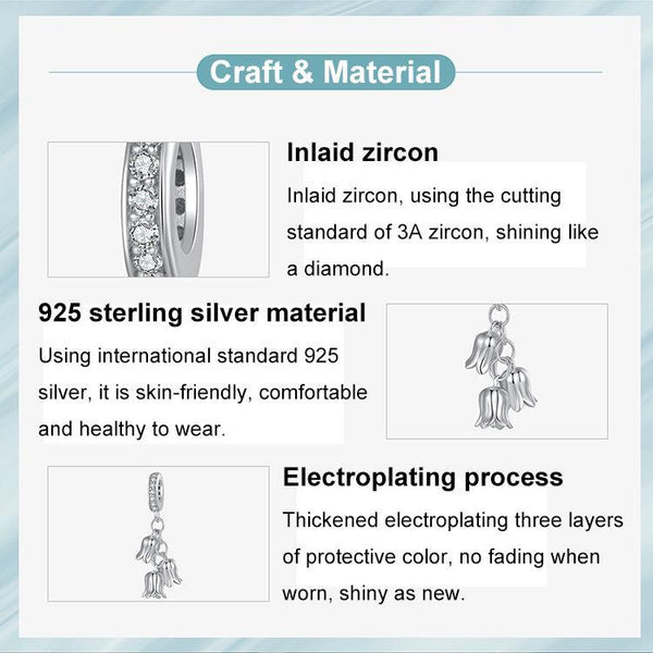 925 Sterling Silver Platinum Plated Lily Of The Valley Bracelet Pendant Charms & Pendants