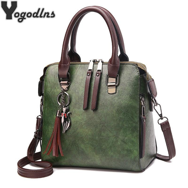 Designer Leather Crossbody Tote With Tassel For Women Army Green Women's Bags & Handbags