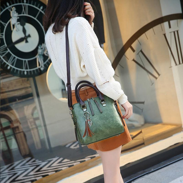 Designer Leather Crossbody Tote With Tassel For Women Army Green Women's Bags & Handbags