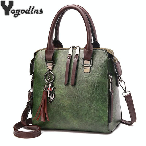 Designer Leather Crossbody Tote With Tassel For Women Army Green Women's Bags & Handbags