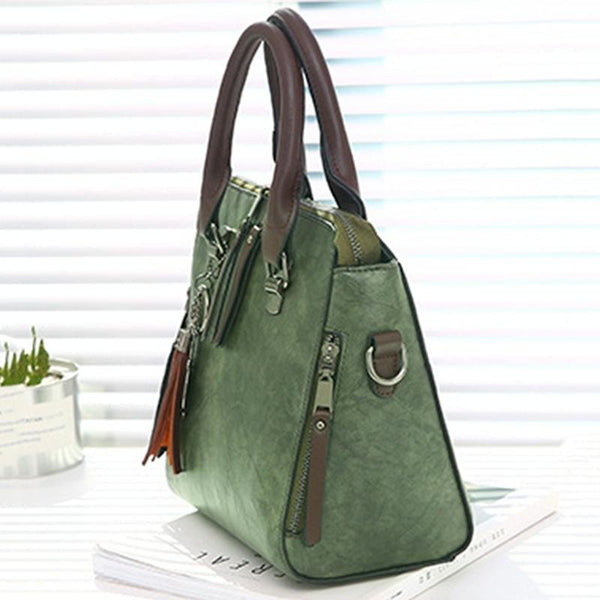Designer Leather Crossbody Tote With Tassel For Women Army Green Women's Bags & Handbags