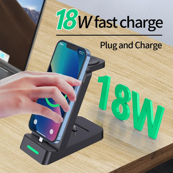18W 3 In Wireless Charger Stand For Iphone & Apple Watch Black Chargers & Cradles