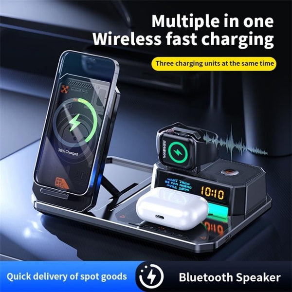 5 In 1 Magnetic Wireless Charger Stand With Clock & Speaker Black Chargers & Cradles