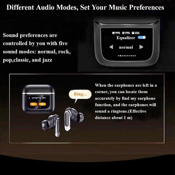 Wireless Bluetooth Earphones With Touch Screen And Active Noise Reduction Black Earbuds