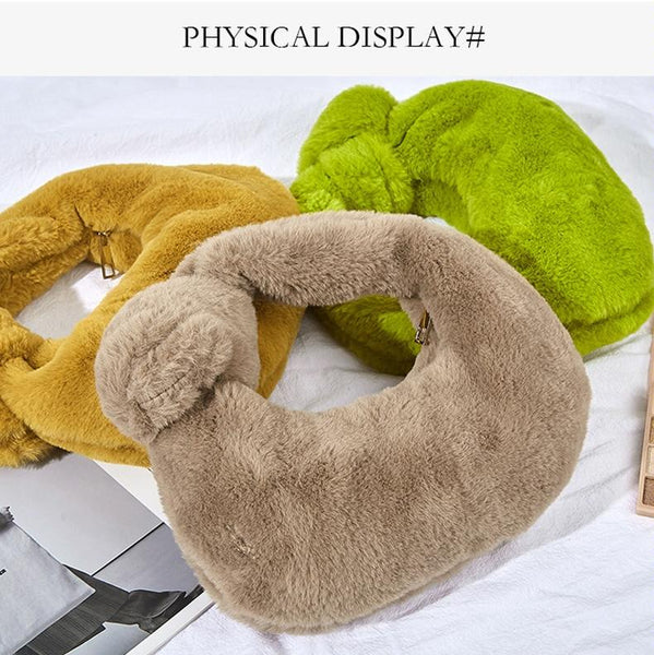 Plush Rabbit Fleece Tote With Knotted Handles Olive Green Women's Bags & Handbags