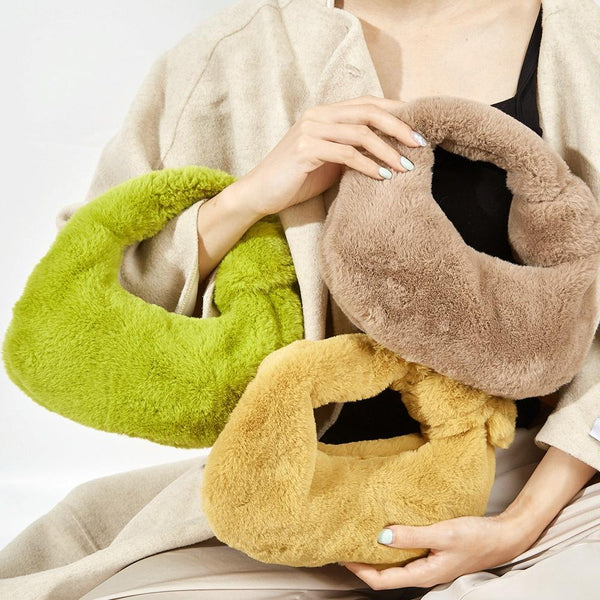 Plush Rabbit Fleece Tote With Knotted Handles Olive Green Women's Bags & Handbags