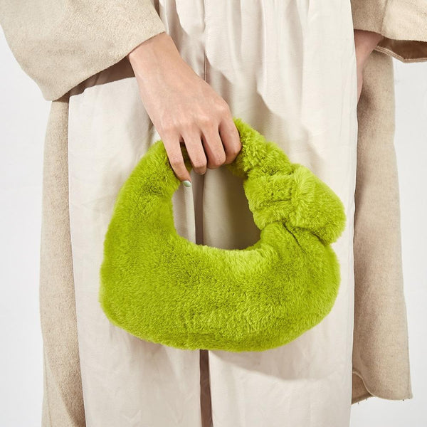 Plush Rabbit Fleece Tote With Knotted Handles Olive Green Women's Bags & Handbags