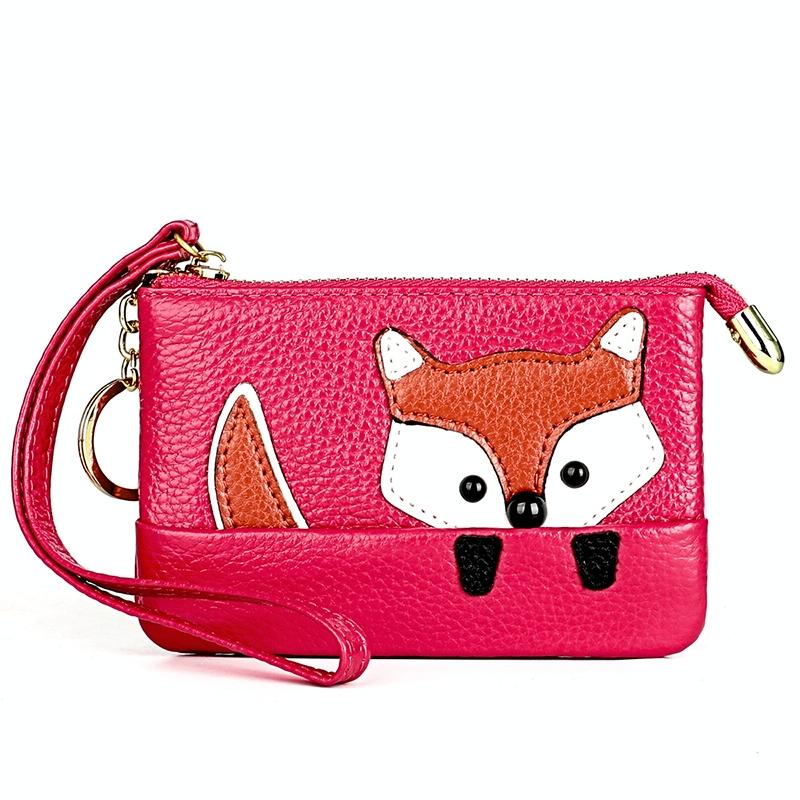 Sewing Thread Leather Fox Handbags Cute Mini Key Case Rose Red Wallets
