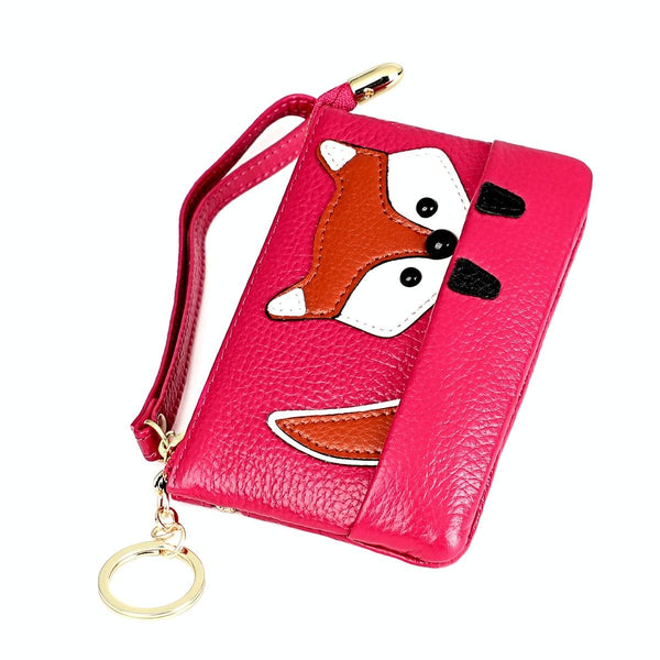 Sewing Thread Leather Fox Handbags Cute Mini Key Case Rose Red Wallets