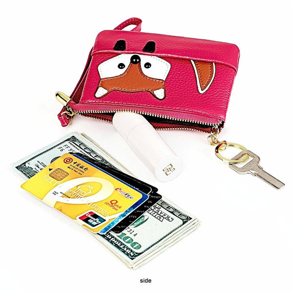 Sewing Thread Leather Fox Handbags Cute Mini Key Case Rose Red Wallets