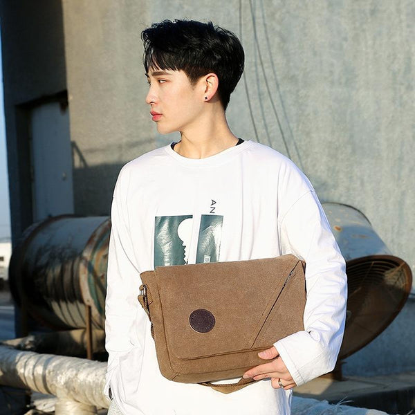 Simple Canvas Shoulder Bag For Men Casual Messenger Schoolbag Khaki Bags