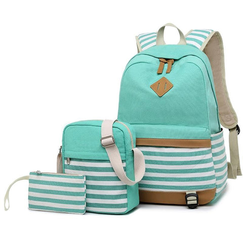 Printed Canvas Backpack Set 3 Pieces Green Women Backpacks