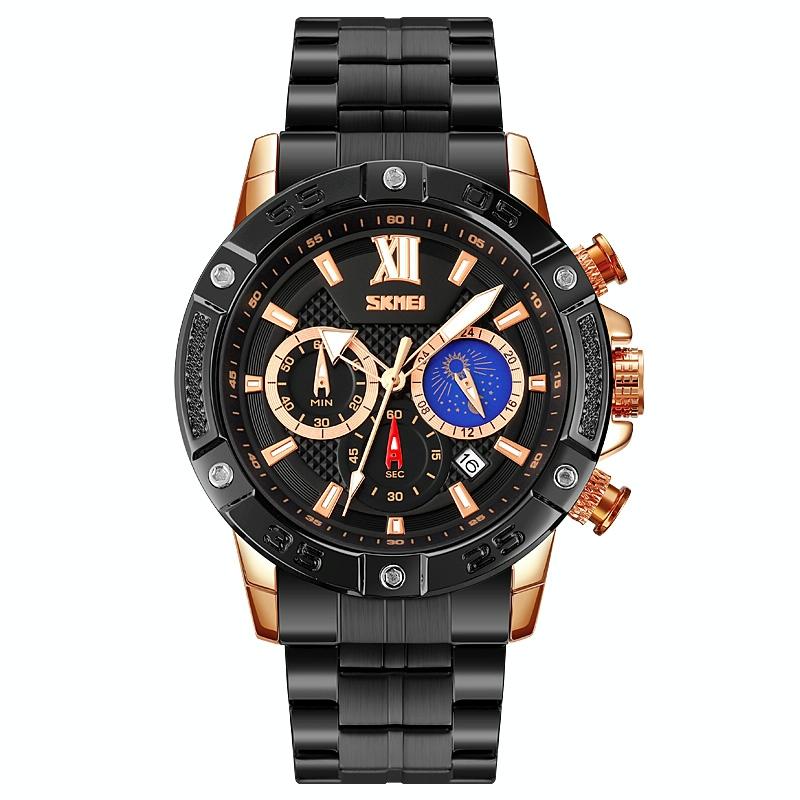 Stainless Steel Men Moonphase Quartz Watch With Strap Gold Black Watches