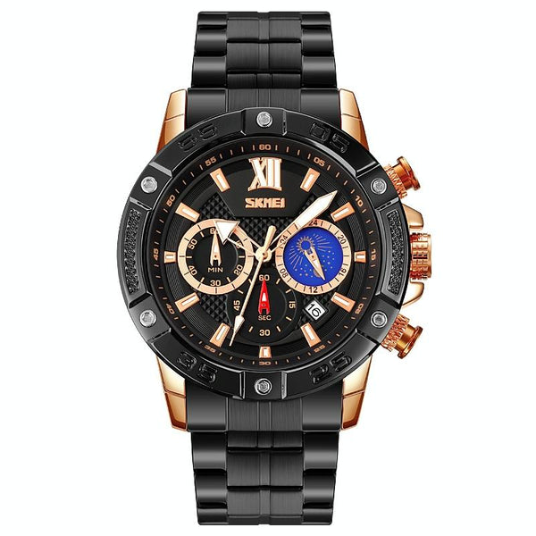 Stainless Steel Men Moonphase Quartz Watch With Strap Gold Black Watches