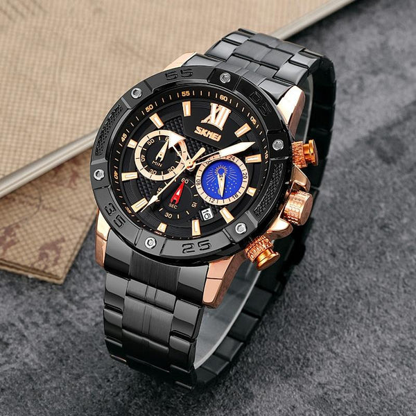 Stainless Steel Men Moonphase Quartz Watch With Strap Gold Black Watches