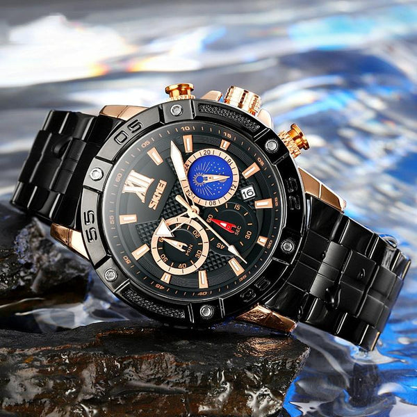 Stainless Steel Men Moonphase Quartz Watch With Strap Gold Black Watches
