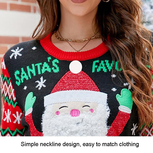 Santa Claus Embroidered Sweater Women Cute Pullover Short Black Jumpers & Cardigans