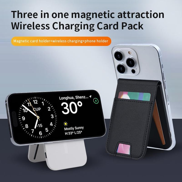 3 In 1 Magnetic Wireless Charger With Card Holder And Phone Bracket Black Chargers & Cradles