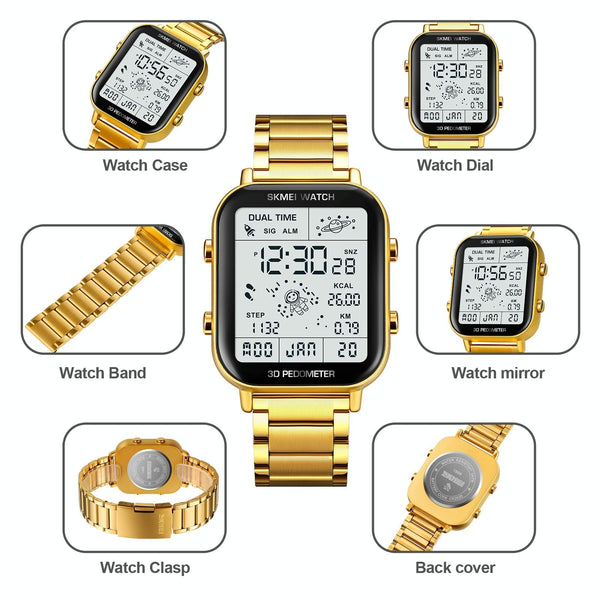 1888 Men Multifunctional Waterproof Digital Watch Stainless Steel 30M Rose Gold Watches