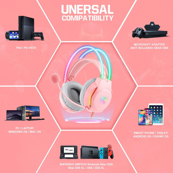 Rgb Wired Gaming Headset With Usb+3.5Mm Pink Headsets