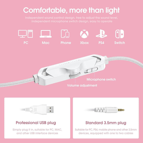 Led Gaming Headset With Mic White Pink Headsets