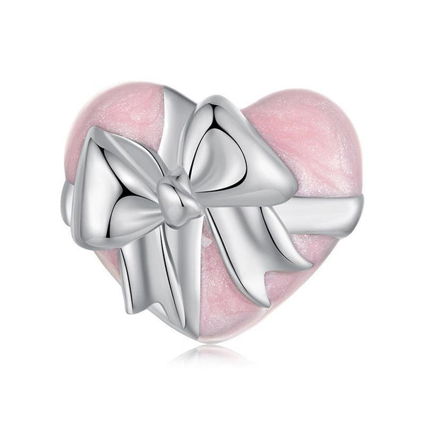 925 Sterling Silver Platinum Heart Bow Beads Gift Box Charms & Pendants
