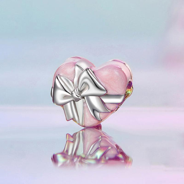 925 Sterling Silver Platinum Heart Bow Beads Gift Box Charms & Pendants