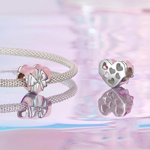 925 Sterling Silver Platinum Heart Bow Beads Gift Box Charms & Pendants