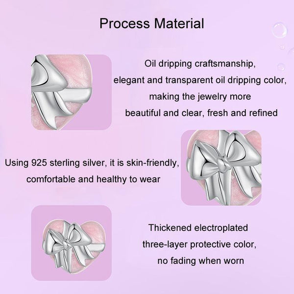 925 Sterling Silver Platinum Heart Bow Beads Gift Box Charms & Pendants