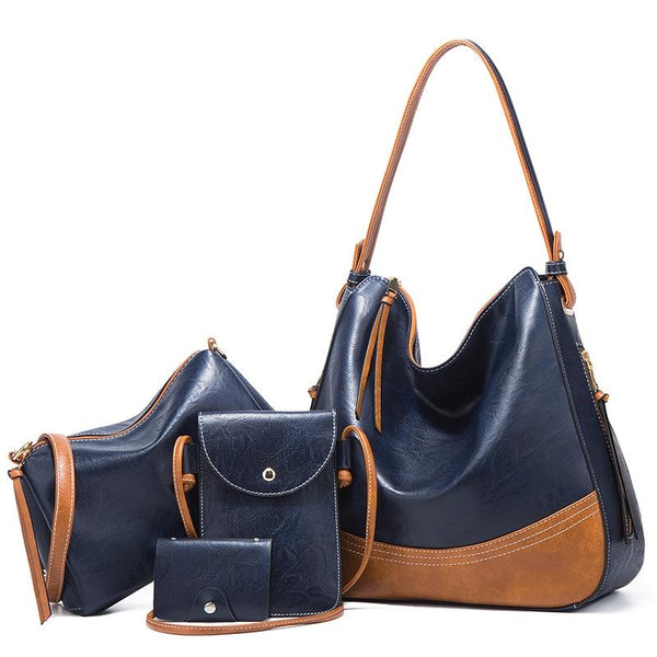 Large Capacity Diagonal Handbags 4 In 1 Colour Block Leather Bags Navy Blue Women's Bags & Handbags