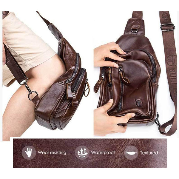 Men Leather Crossbody Chest Bag Multi Function Black Bags