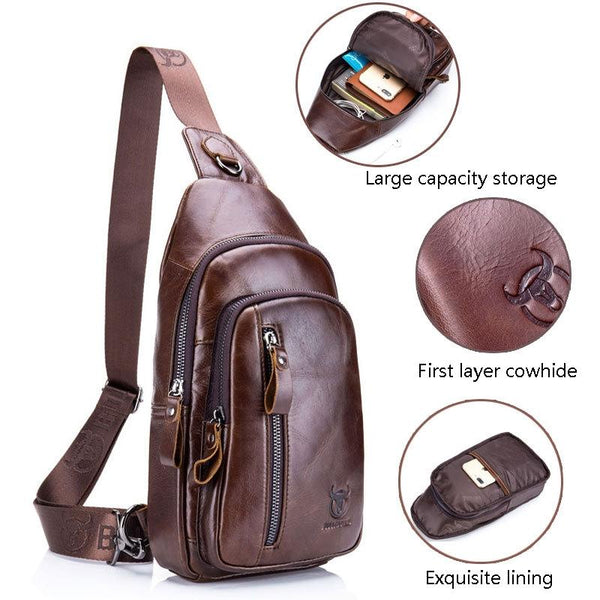 Men Leather Crossbody Chest Bag Multi Function Black Bags
