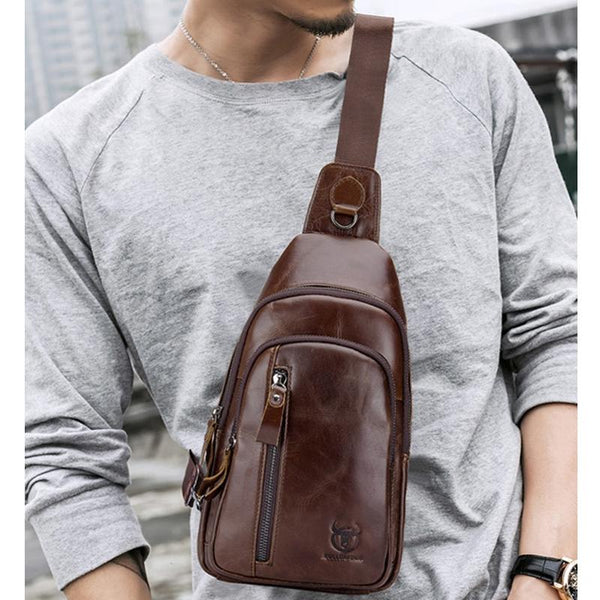 Men Leather Crossbody Chest Bag Multi Function Black Bags