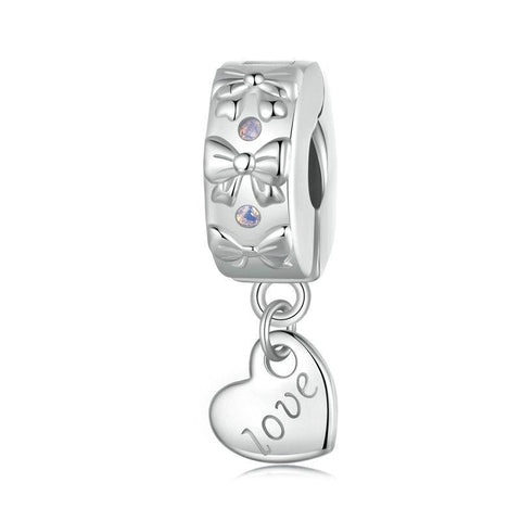 925 Sterling Silver Platinum Plated Bow Heart Bracelet With Beads Charms & Pendants