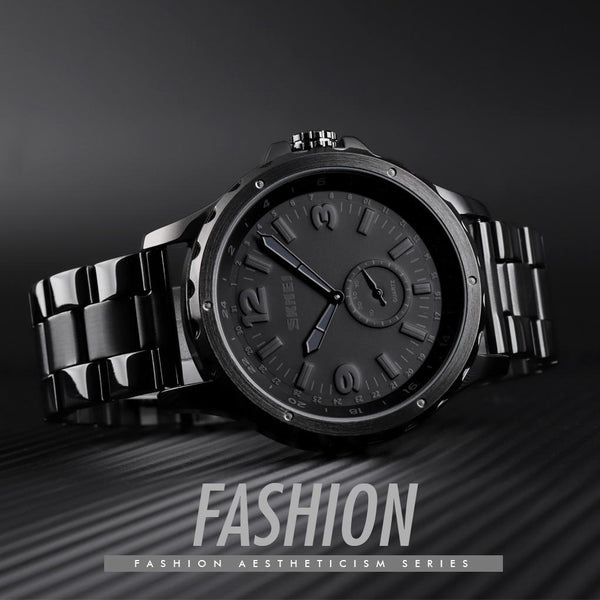 Stylish Waterproof Men Quartz Watch With Steel Band Black Watches