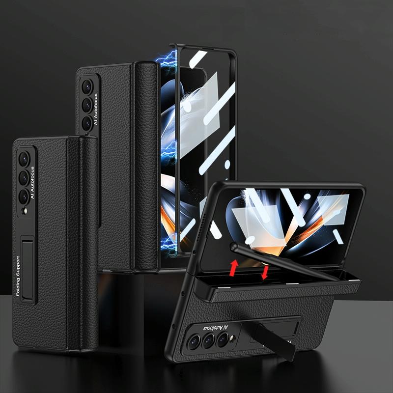For Samsung Galaxy Z Fold4 5G Leather Phone Case With Foldable Hinge And Holder Black Other Mobile Accessories