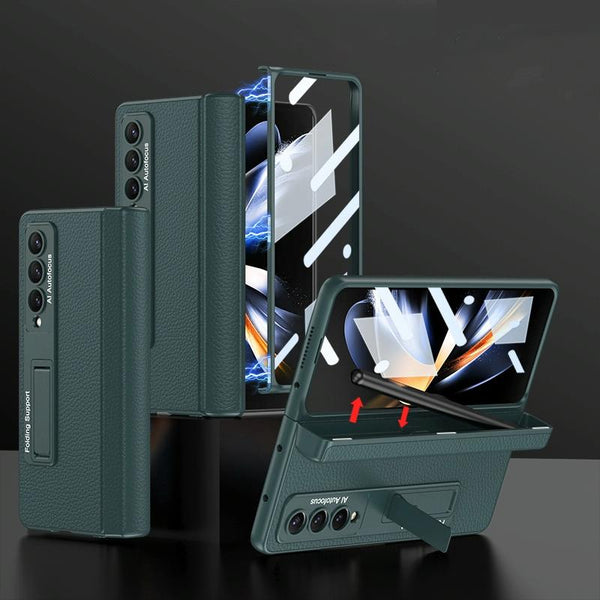 For Samsung Galaxy Z Fold4 5G Leather Phone Case With Foldable Hinge And Holder Black Other Mobile Accessories