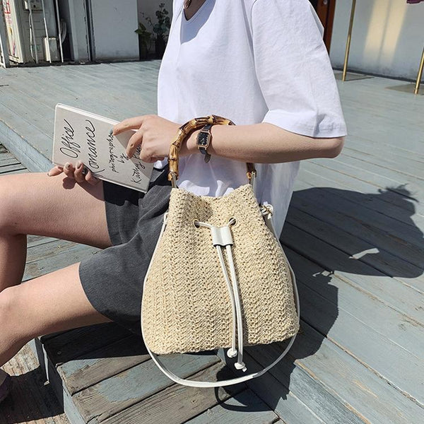 Handwoven Bamboo Bucket Bag Shoulder / Messenger Style White Women's Bags & Handbags