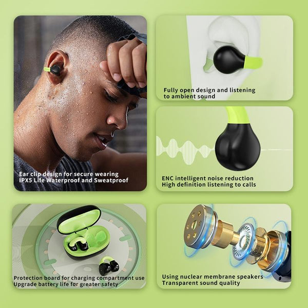 Wireless Clip On Earphones With Charging Case Black + Green Earbuds