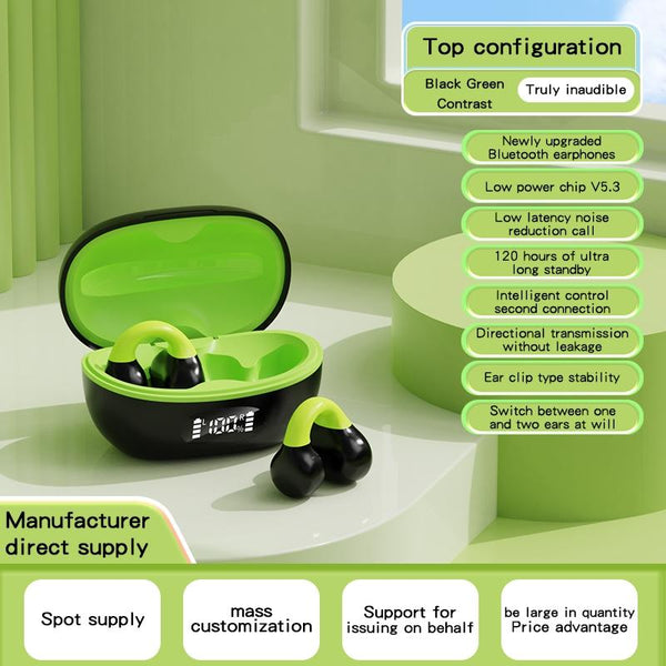 Wireless Clip On Earphones With Charging Case Black + Green Earbuds