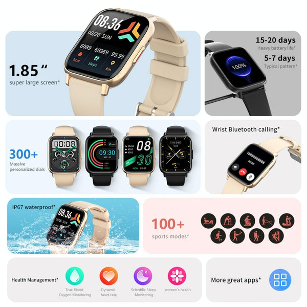 1.83 Inch Bt5.2 Smart Sport Watch Support Sleep / Heart Rate Blood Oxygen Temperature Sugar Pressure Health Monitor Black Smart Watches